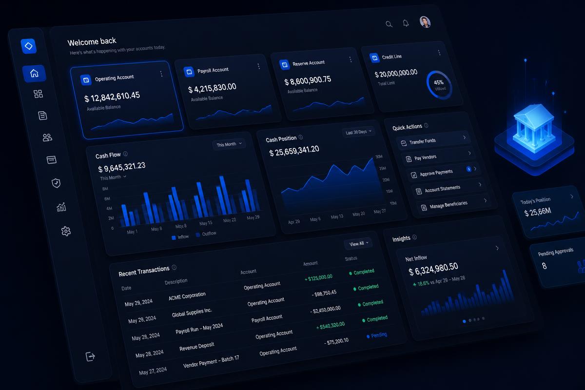Dark themed banking dashboard concept with balance cards and cash-flow charts